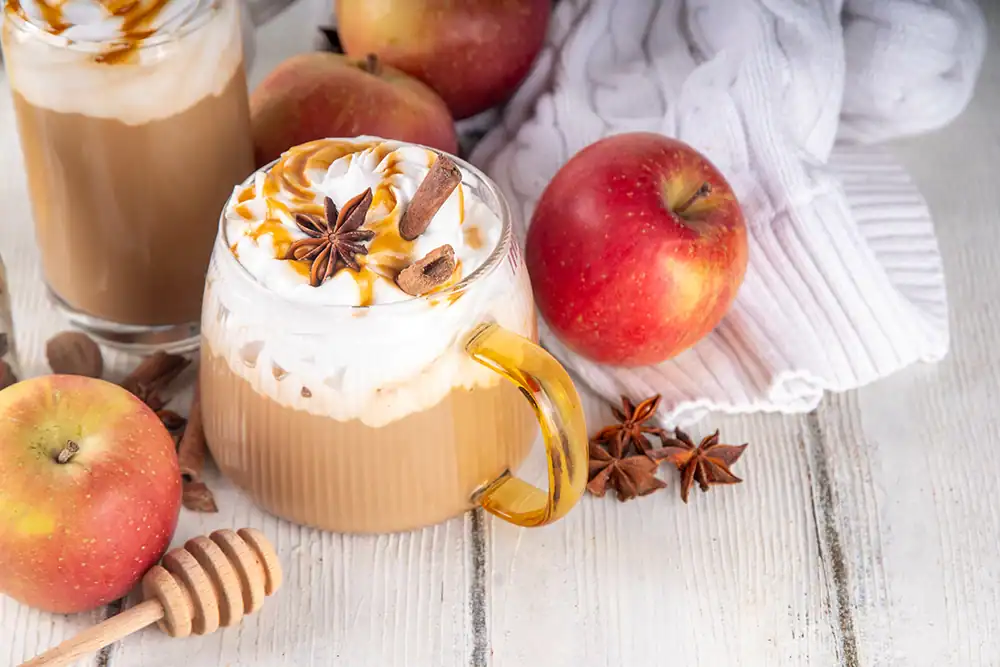 Glass mug filled with Apple Spice drink, whipped cream and garnish.
