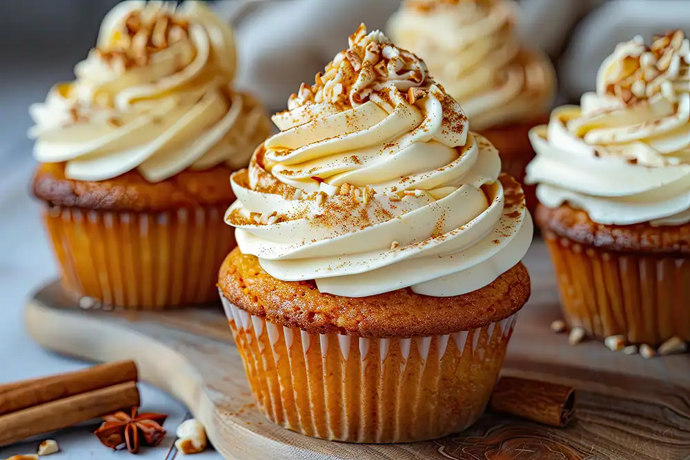 Close-up photo of decorative frosted cupcakes.