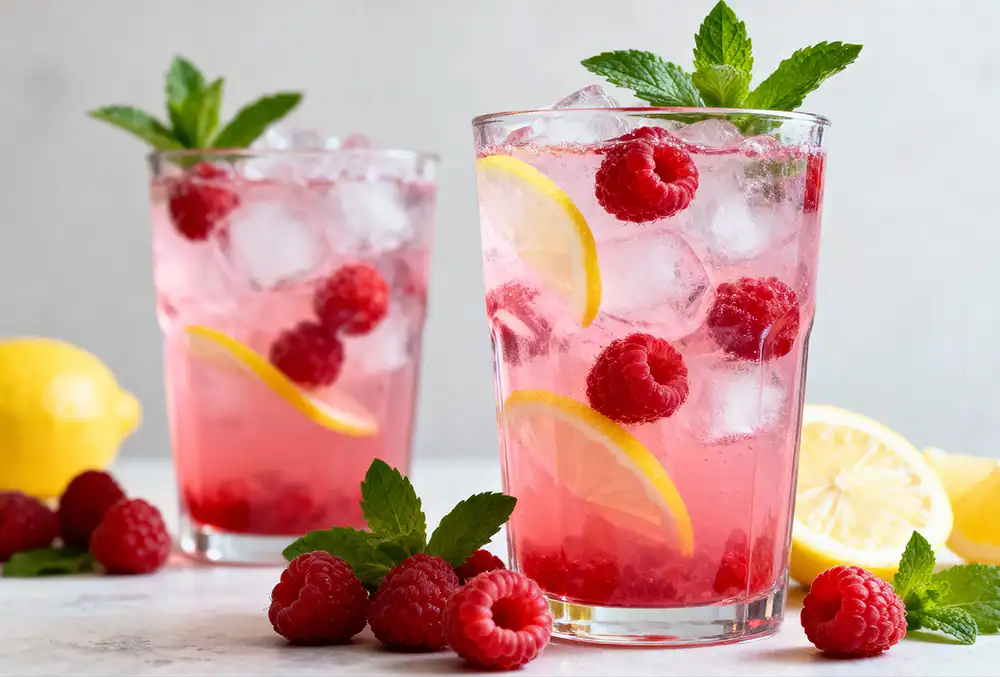 Bright pink raspberry lemonade cocktail garnished with fresh mint and lemon slices, served over ice in a clear glass, with additional lemons and raspberries on a light background.