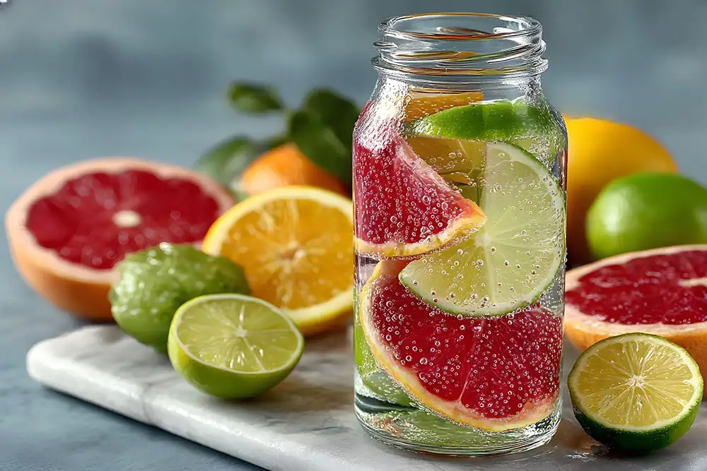 Glass jar filled with water infused with slices of lemon, lime, grapefruit, and orange, surrounded by fresh citrus fruits on a rustic surface.