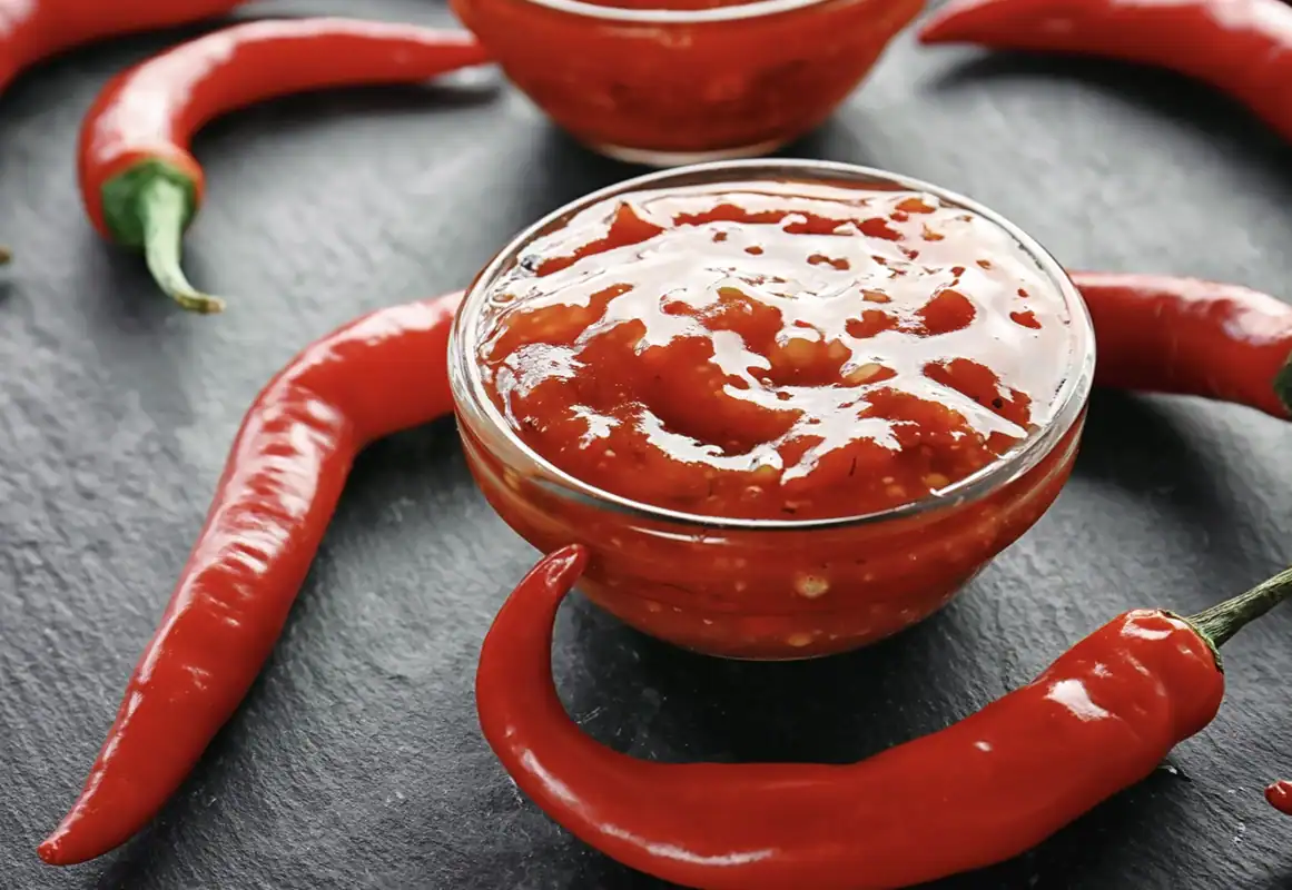 Bowl of chile salsa surrounded by chili pods.