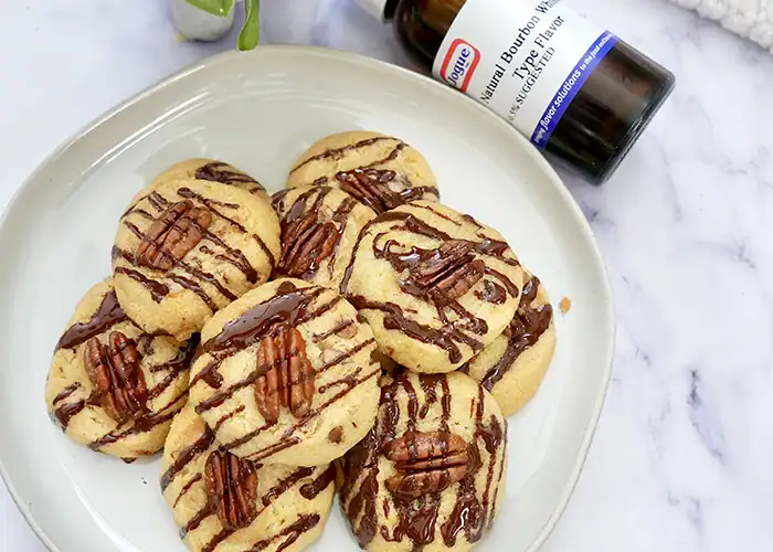 Bourbon Pecan Shortbread Cookies with drizzled chocolate