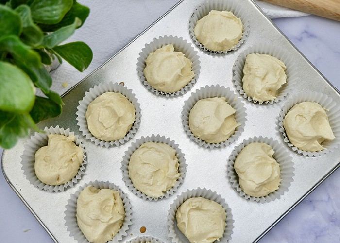 Unbaked Jogue Chai cupcakes in a cupcake pan