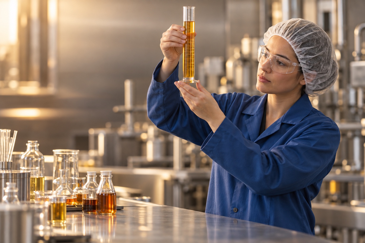 Jogue technician in a blue lab coat checking a cylinder of flavor concentrate