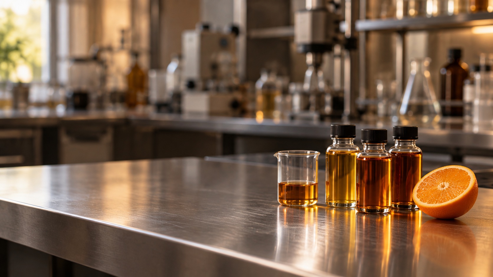 Flavor samples and a cut orange on a stainless lab bench