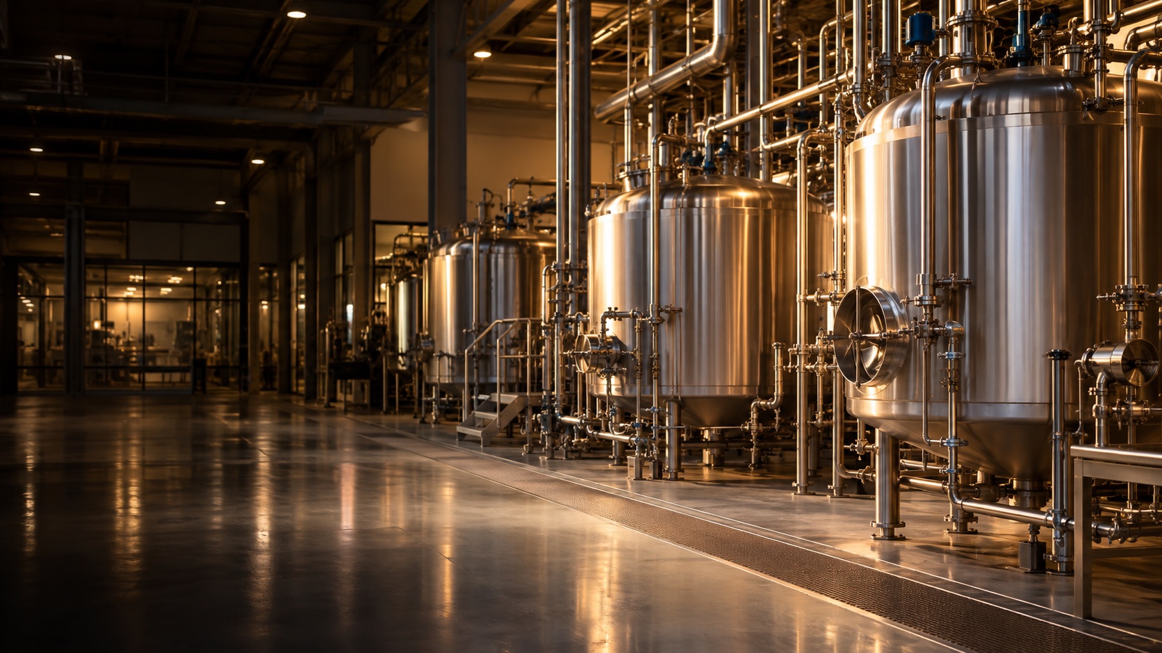 Stainless blending tanks on the production floor