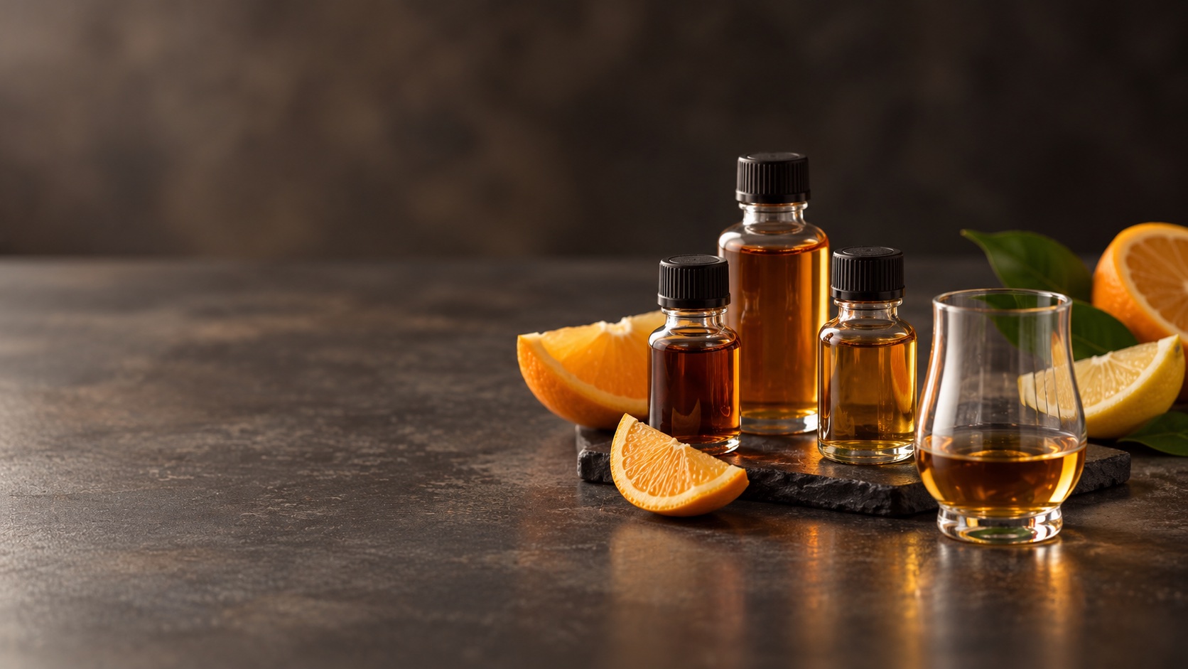 Amber flavor bottles and a tasting glass with orange slices