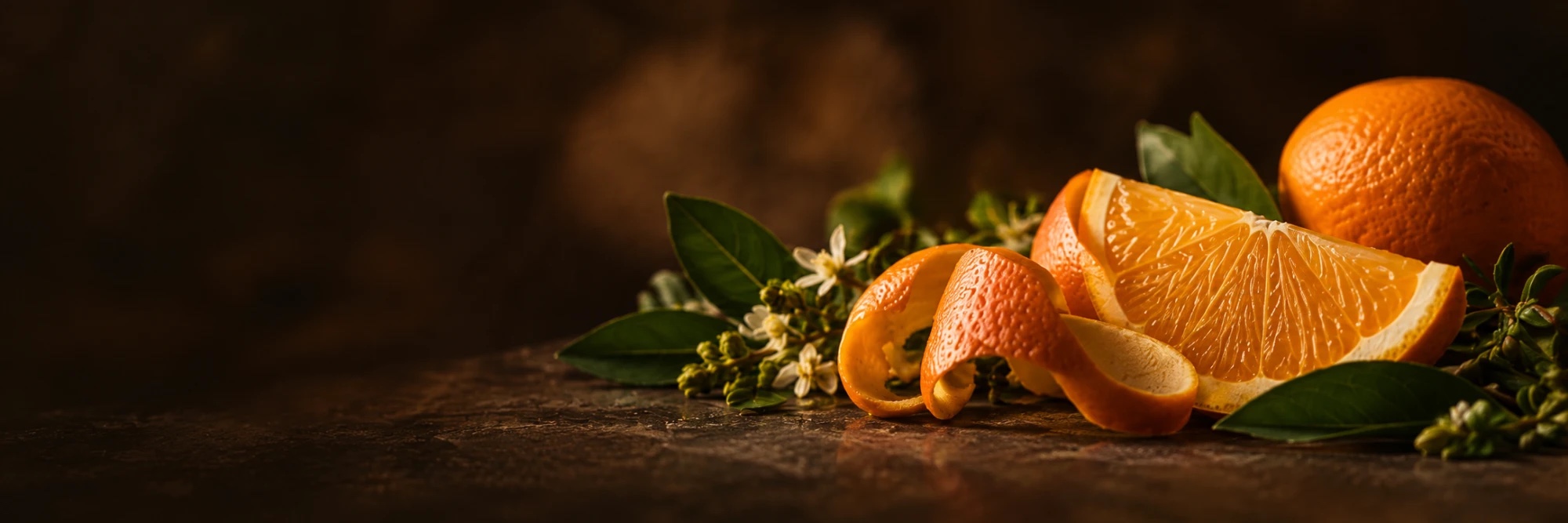 Orange slice and peel with orange blossom