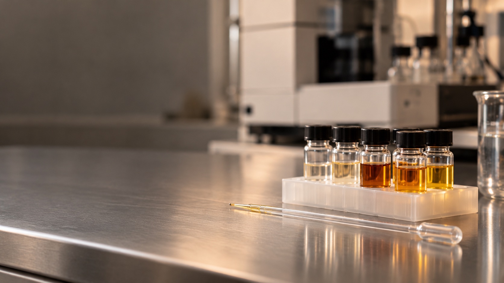 Sample vials in a rack beside a pipette in the quality lab