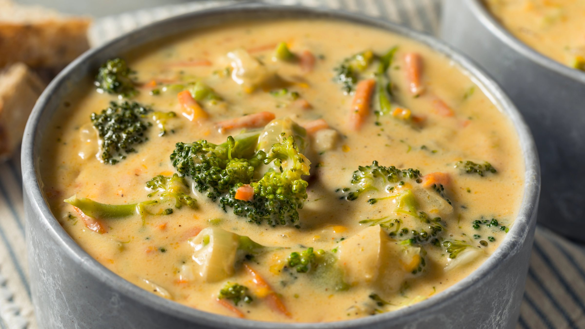 Broccoli cheddar soup in a bowl
