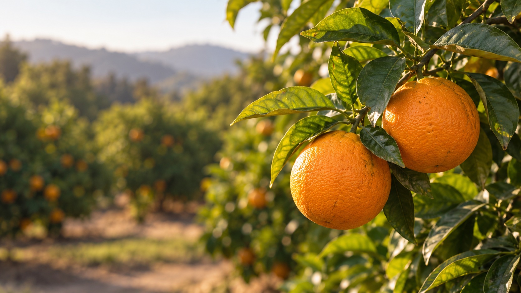 Ripe oranges on the branch in a hillside grove
