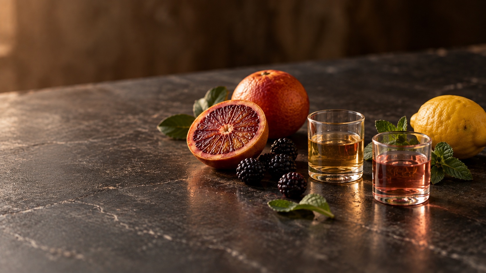 Blood orange, lemon, berries and two flavor samples on dark stone